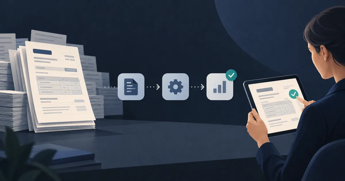 Documents move through an automated workflow while a person reviews the result on a tablet.