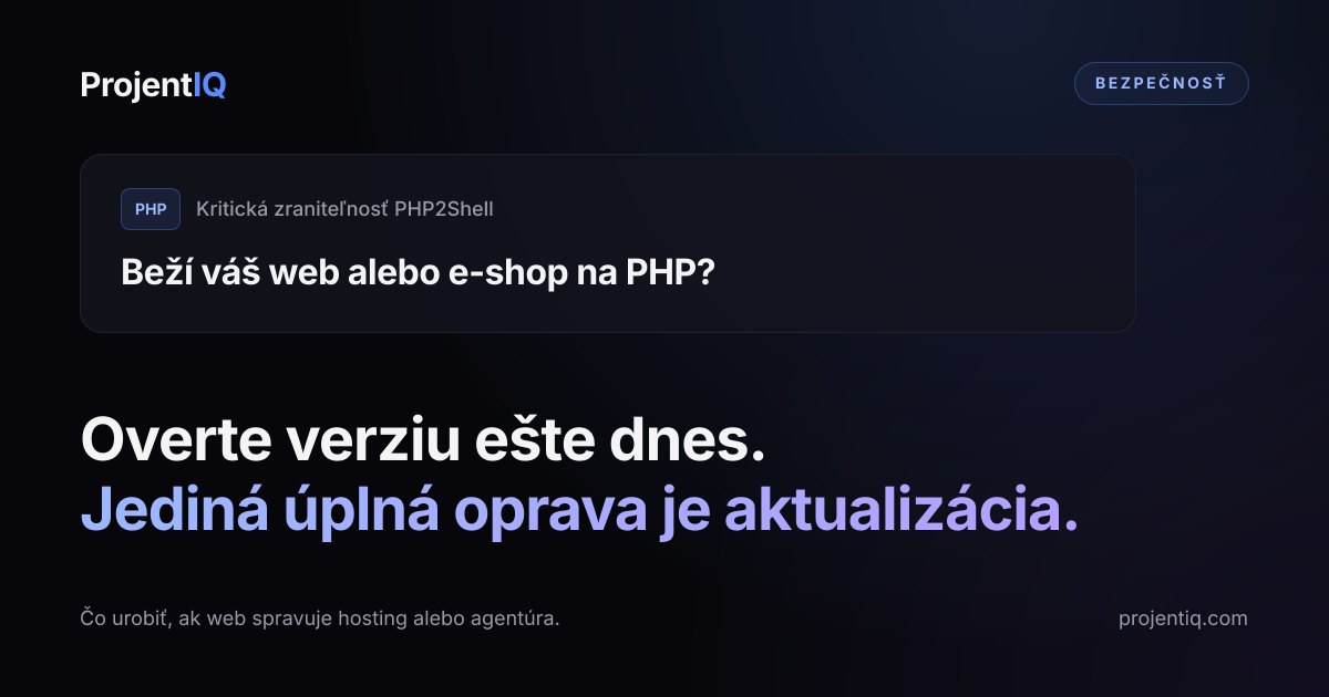 Dark ProjentIQ graphic: Does your website or online shop run on PHP? Check the version today. The only complete fix is an update.